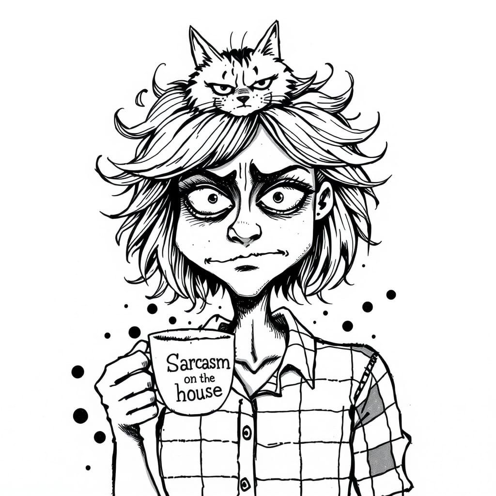 Whimsical Ink Drawing of a Quirky Female Face