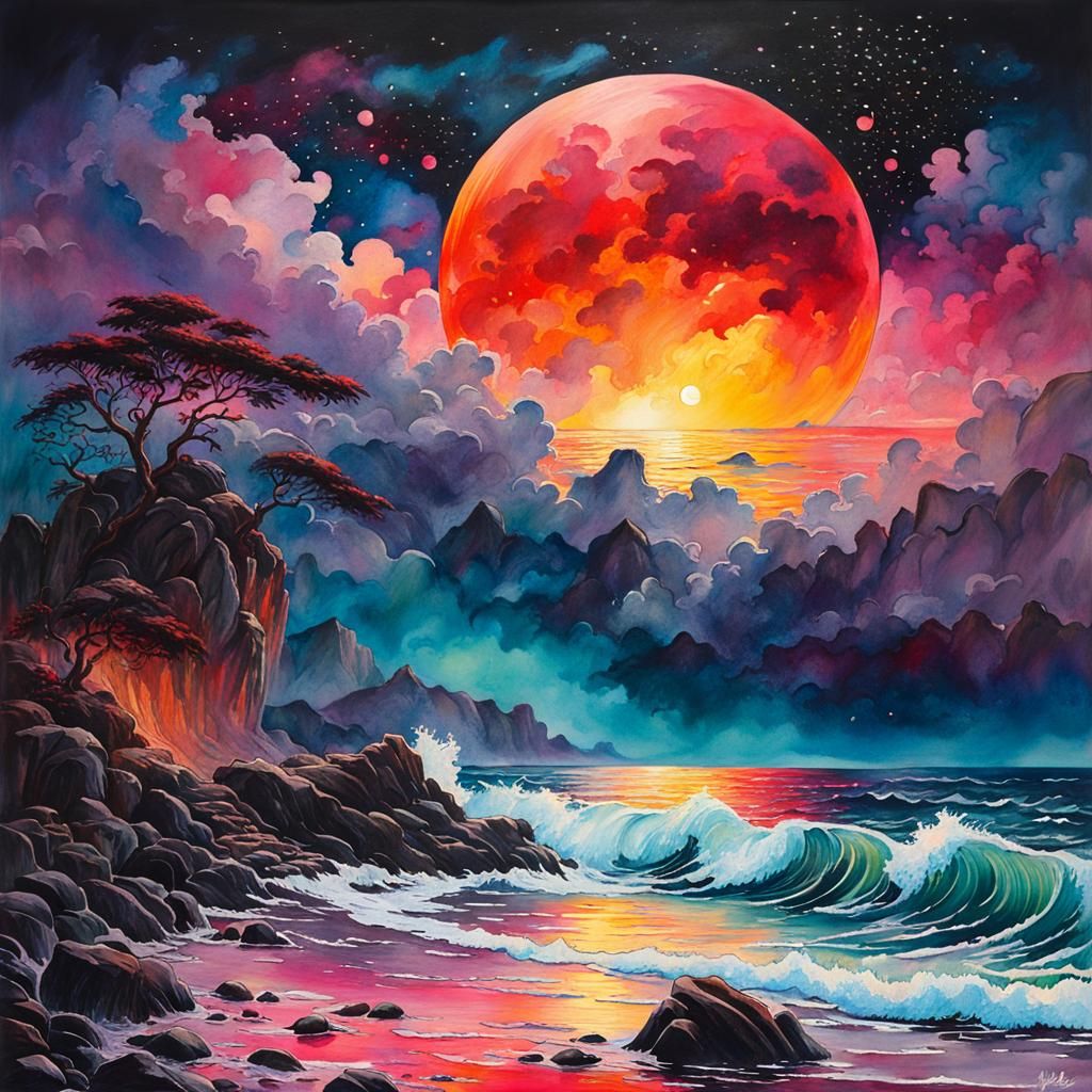 Blood Moon Seascape in Splashy Watercolor Style