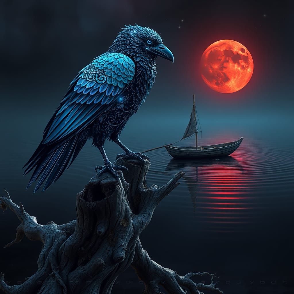 Crystal Raven with Bioluminescent Patterns on Lake