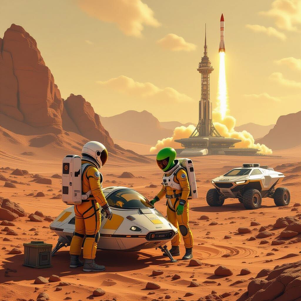 Astronauts on Mars: Human and Alien Duo in Yellow Suits