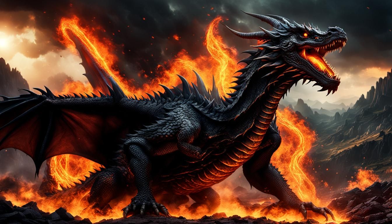 Epic Black Dragon in a Fiery Cinematic Landscape