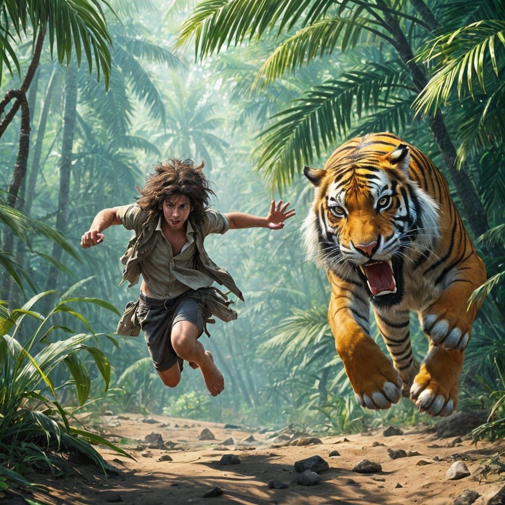 Willowy Hermit Chased by Sabre-Toothed Tiger in Tropical For...