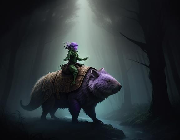 Goblin Rides Wombat in Misty Forest