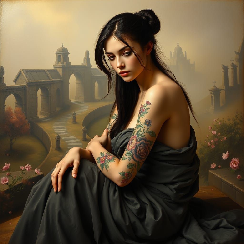 Baroque Portrait: Floral Tattoos in Dreamscape