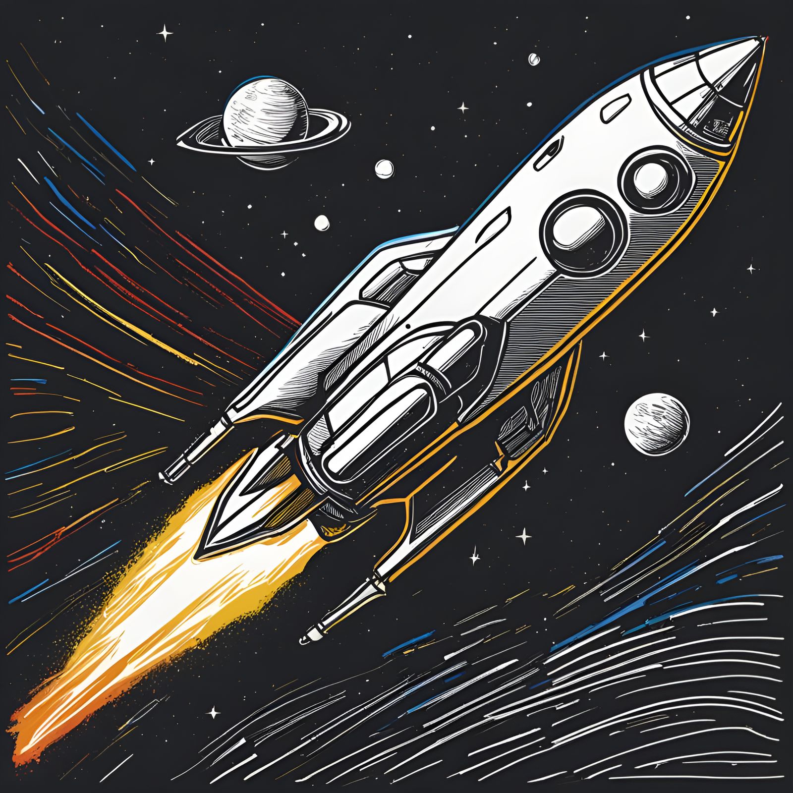 High Contrast Rocket Ship Line Drawing