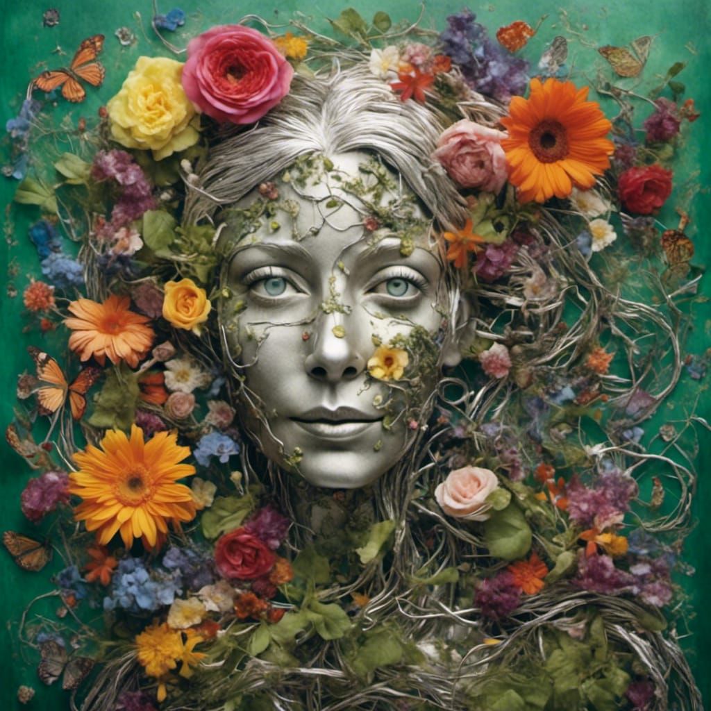 Flowerpunk Collage of Silver-Haired Woman