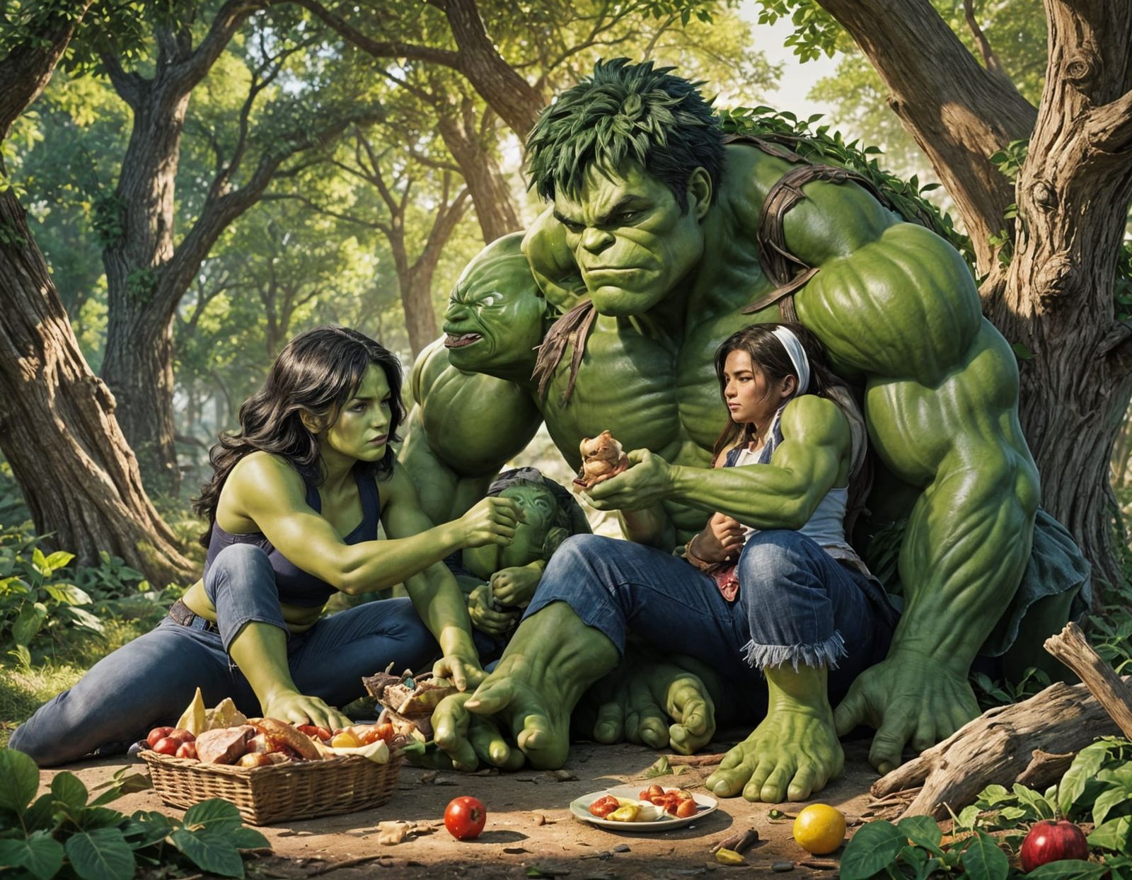 Hulk and She-Hulk Picnic, 3D Digital Art
