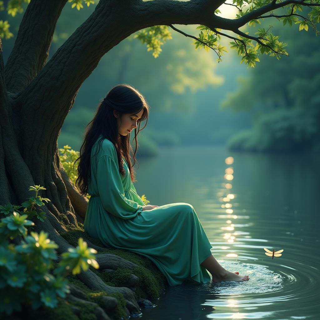 Girl by Riverbank in Dreamlike Fantasy Art