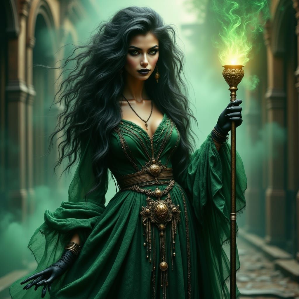 Voodoo Steampunk Witch Stands in Bayou Mist