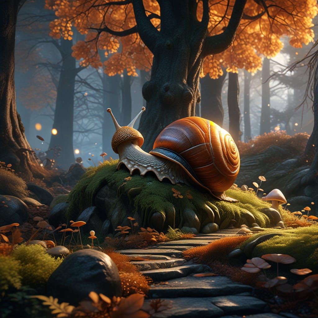 Whimsical Fantasy Scene with Radiant Snail and Enchanting Wo...