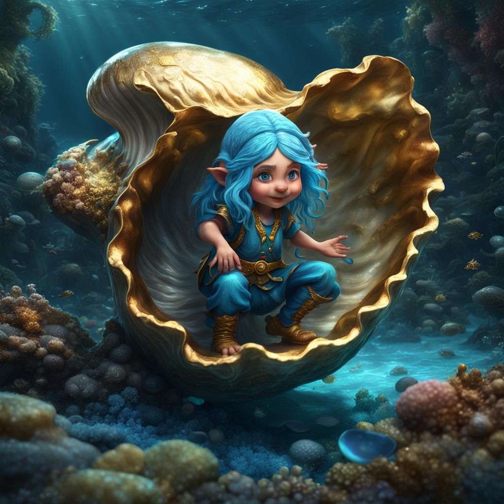 Aquatic Gnome Emerges from Clam Shell: Fantasy Art