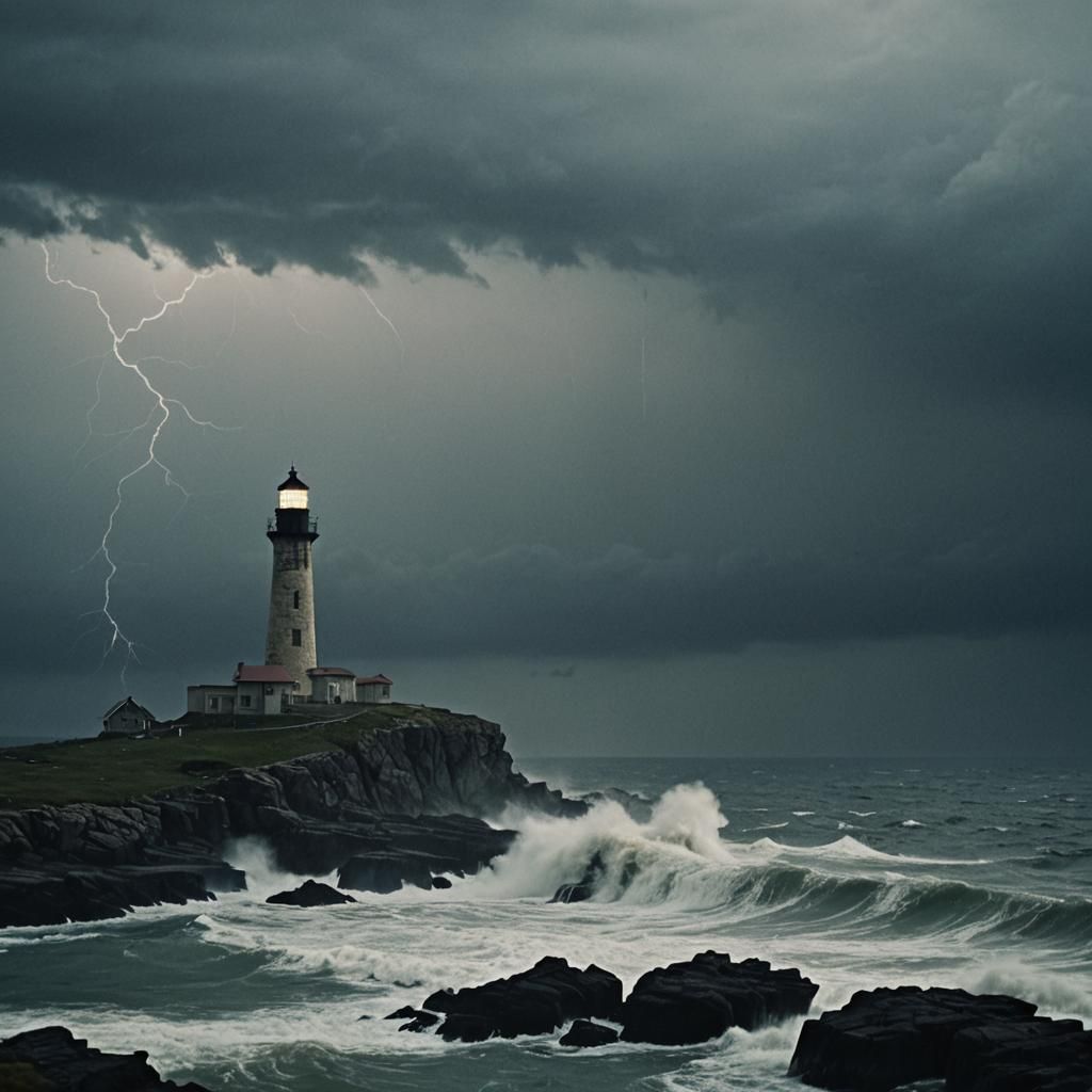 Lighthouse in Storm: Cinematic Film Still