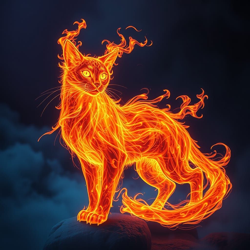 Majestic Flame Feline in Mystic Darkness