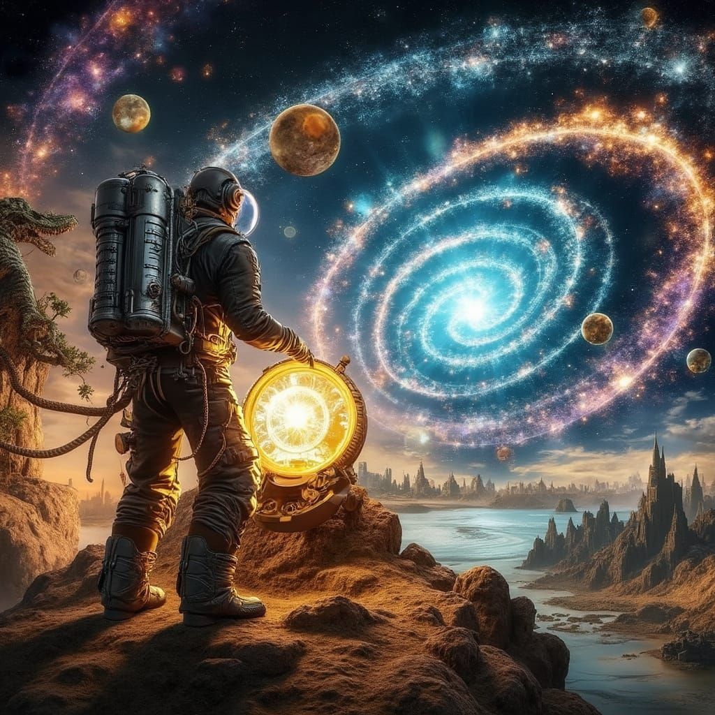 Steampunk exosuited time-traveler opens a portal spanning past, present and future