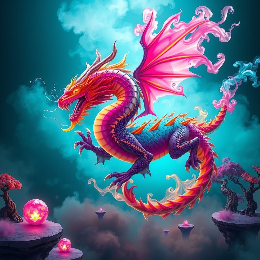 Colorful Smoke Dragon in Surreal Dreamscape