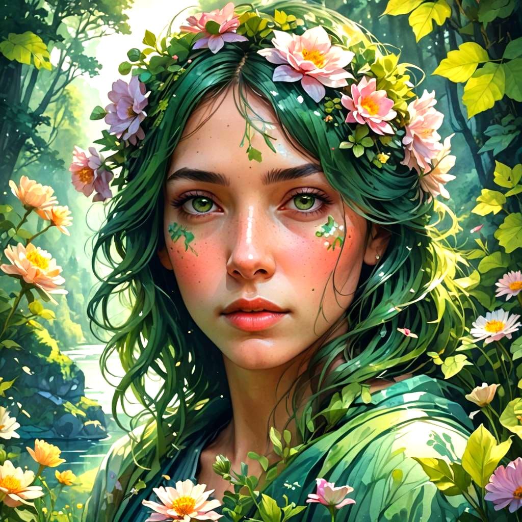 Watercolor Double Exposure: Flower Hills and Lake