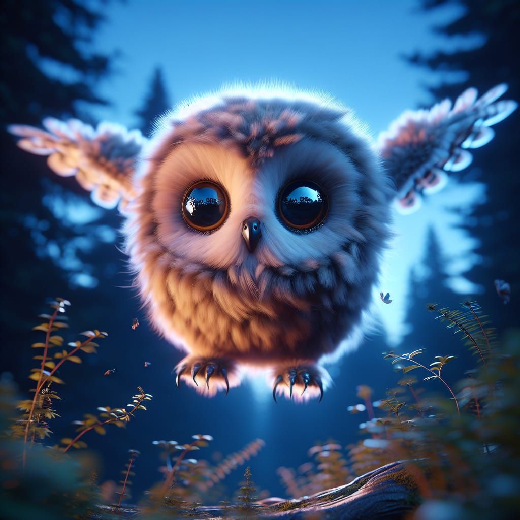 Hyperrealistic Owl with Holographic Eyes in Flight