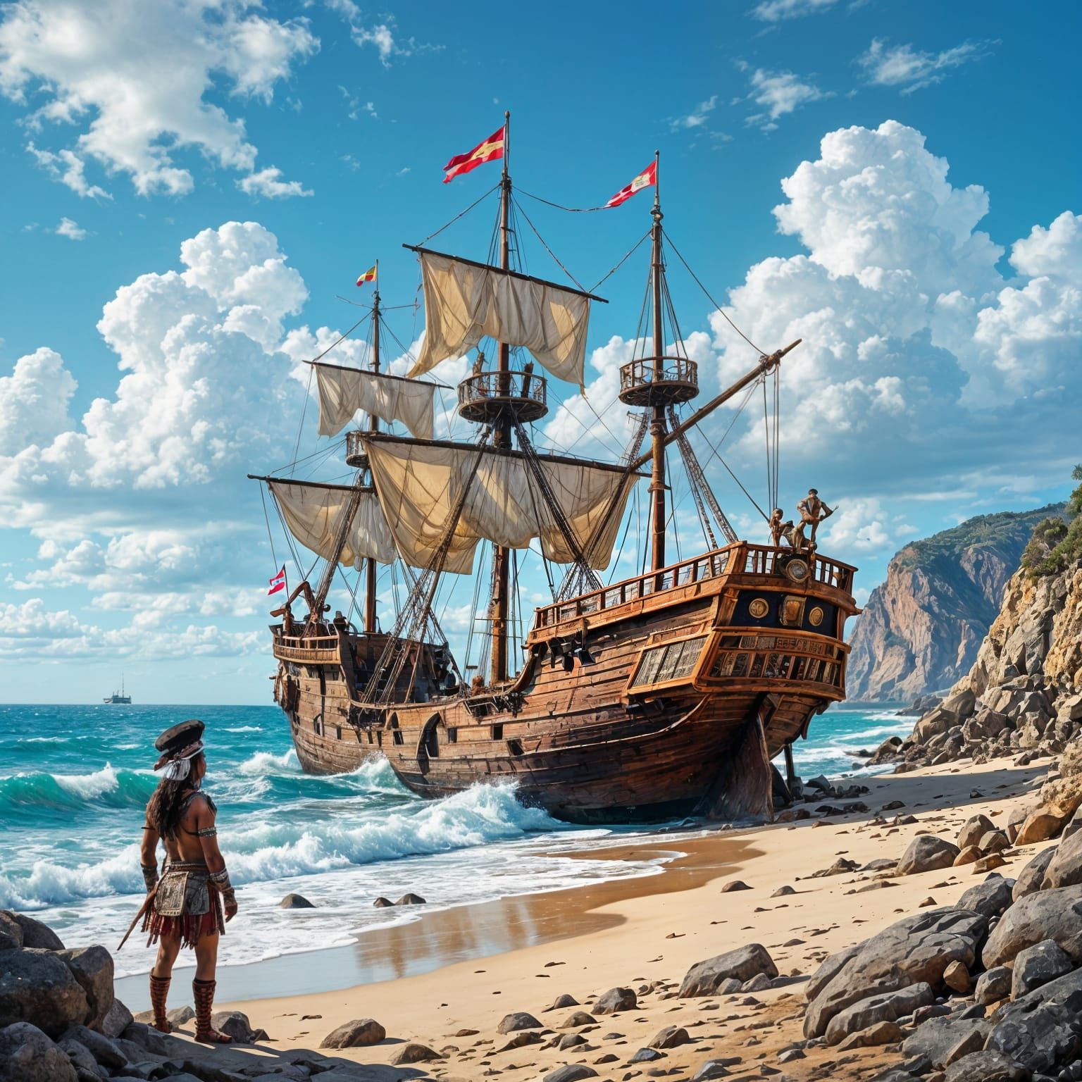 Wrecked Galleon Watched by Aztec Warrior