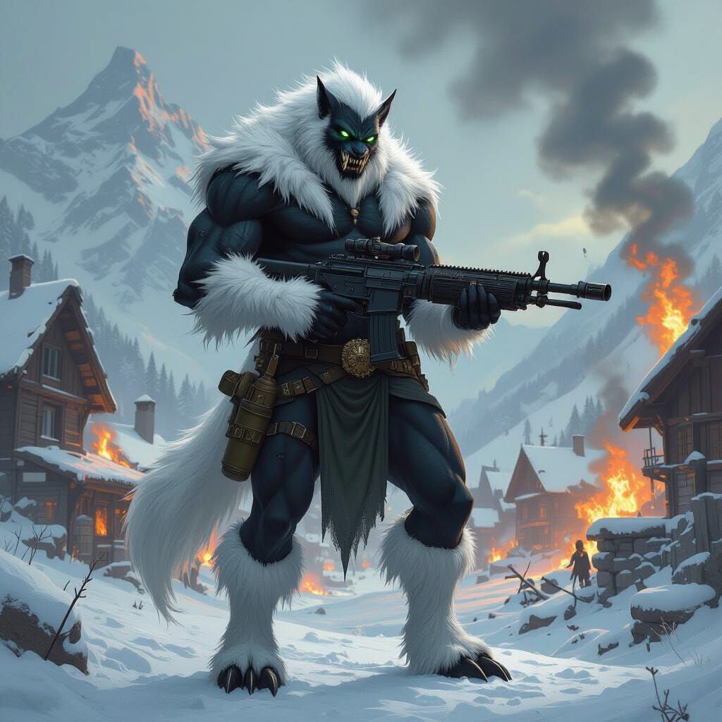 Ethereal Man-Beast in Burning Village, Dark Fantasy Style