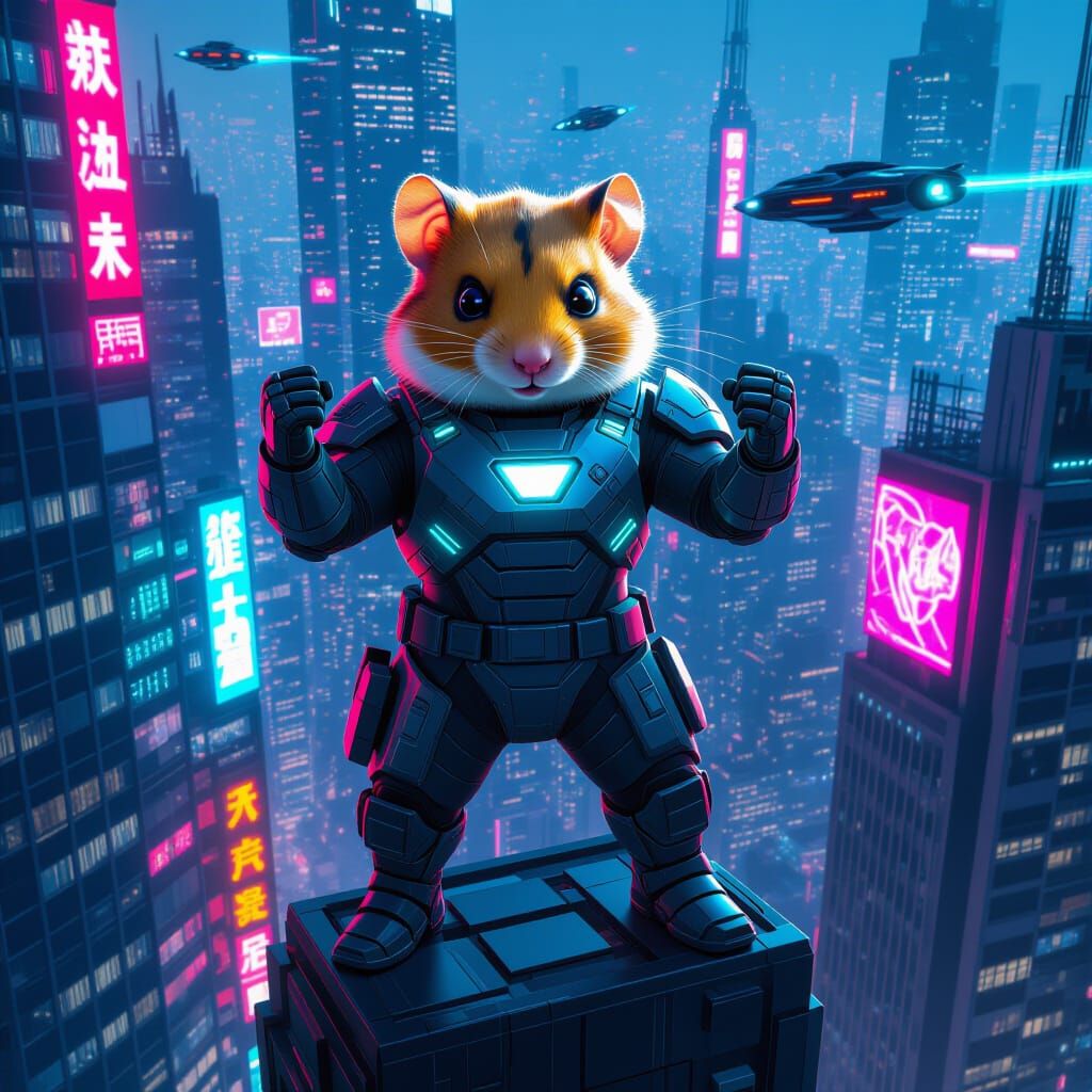 Cyberpunk Hamster Superhero on Skyscraper