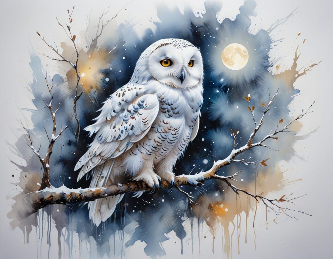 Snowy Owl in Moonlit Winter Scene, Watercolour Art