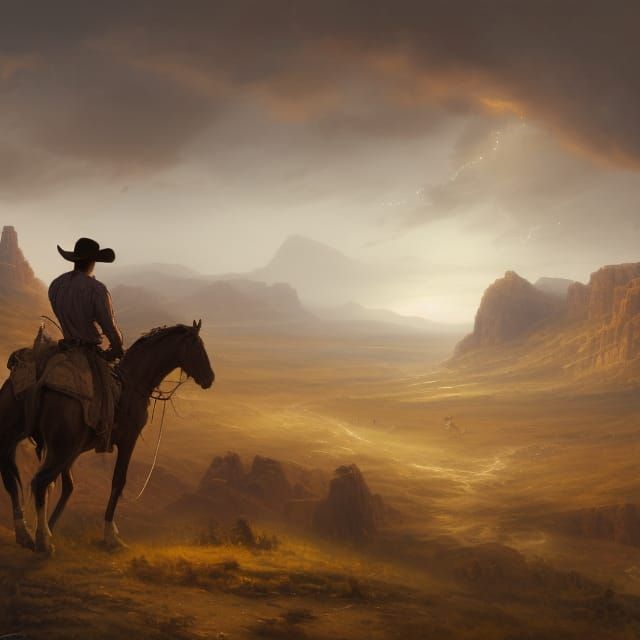 Cowboy Overlooks Industrial Valley: Dark Fantasy Art