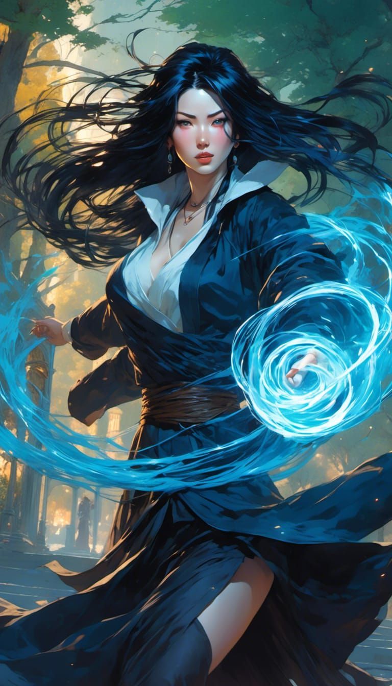 Korean Witch Casting Magic in Urban Park