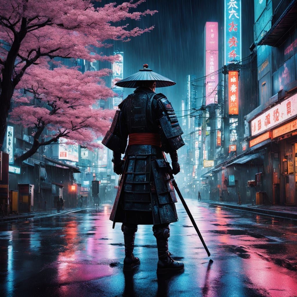 Cyberpunk Samurai in Neon Tokyo Street