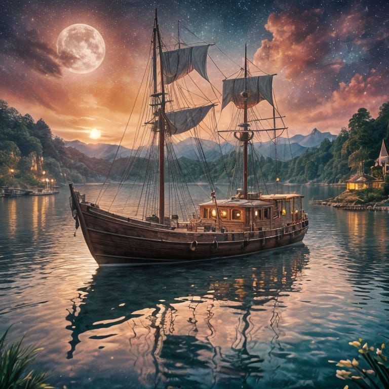 Watercolor Boat at Night Under the Stars