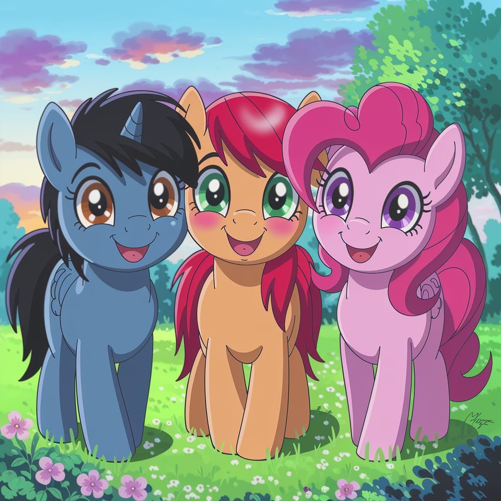 Three Adorable Ponies in a Cozy Anime-Style Meadow