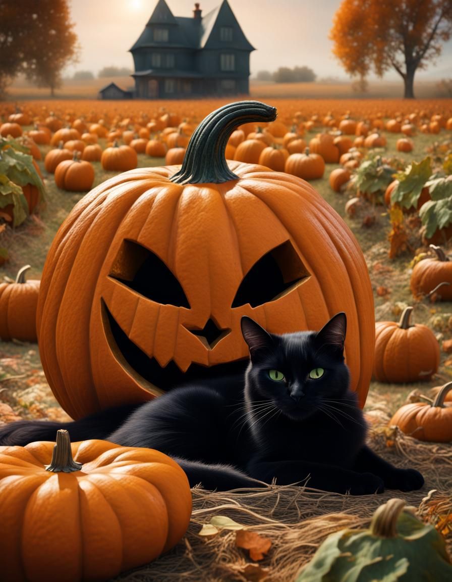Black Cat Sleeping in Pumpkin Patch