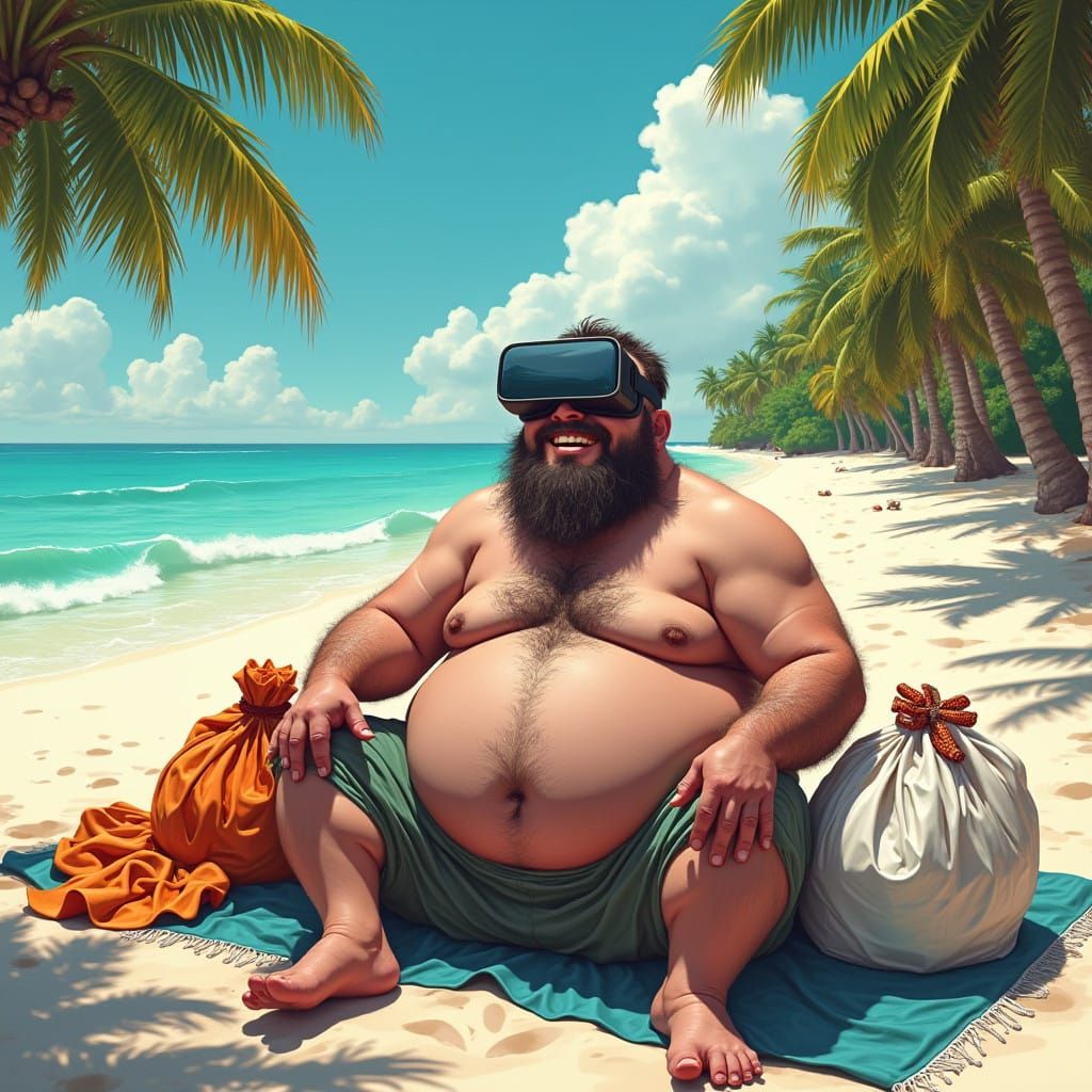 Happy Homeless Man in Futuristic Paradise