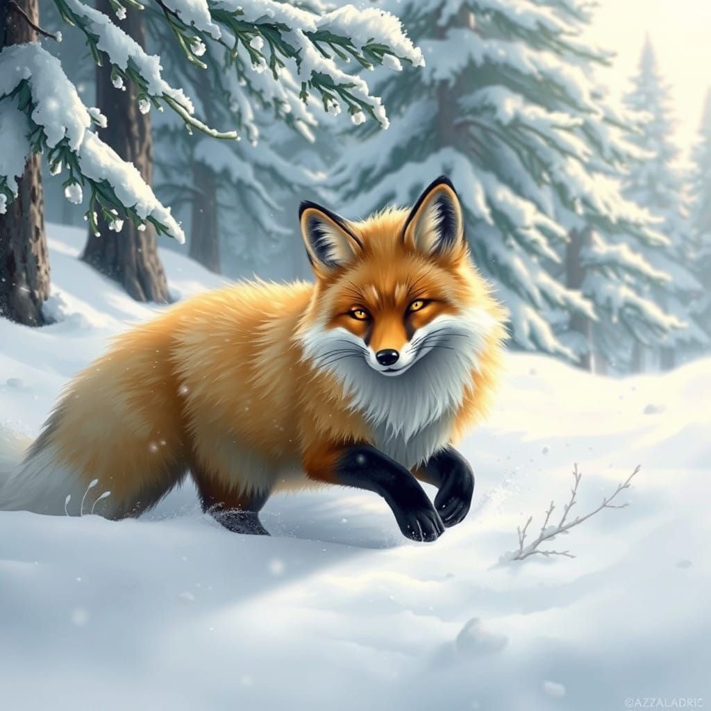 Surreal Winter Fox Plays in Snowy Pine Grove