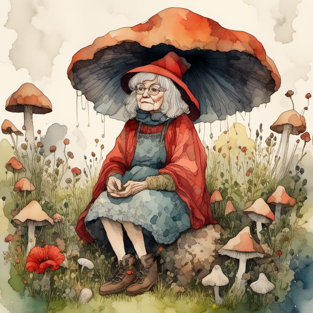 Grandma in Gnome Hat Sitting on Mushroom