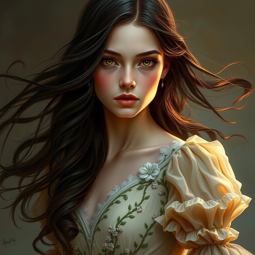 Epic Fantasy Woman in Floral Wool Dress