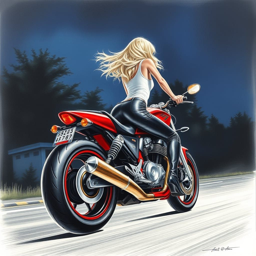 Girl on Motorcycle in Realistic Pencil Style