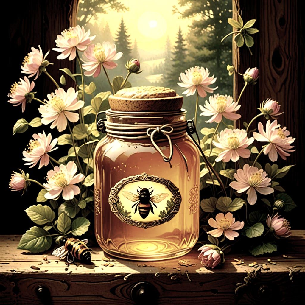 Vintage Honey Jar with Wildflowers and Busy Bee in a Golden...
