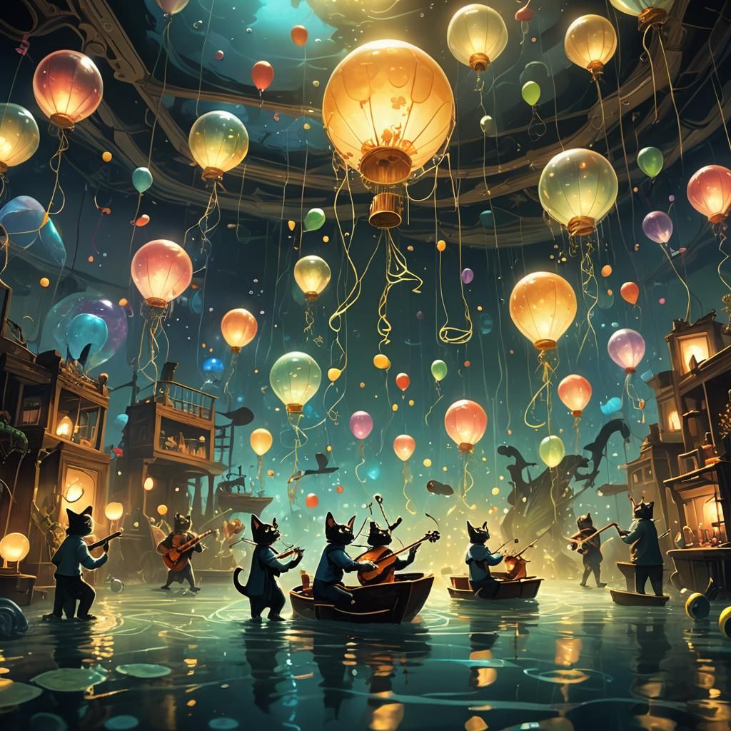 Underwater Cat Band Surrounded by Balloons in 3D
