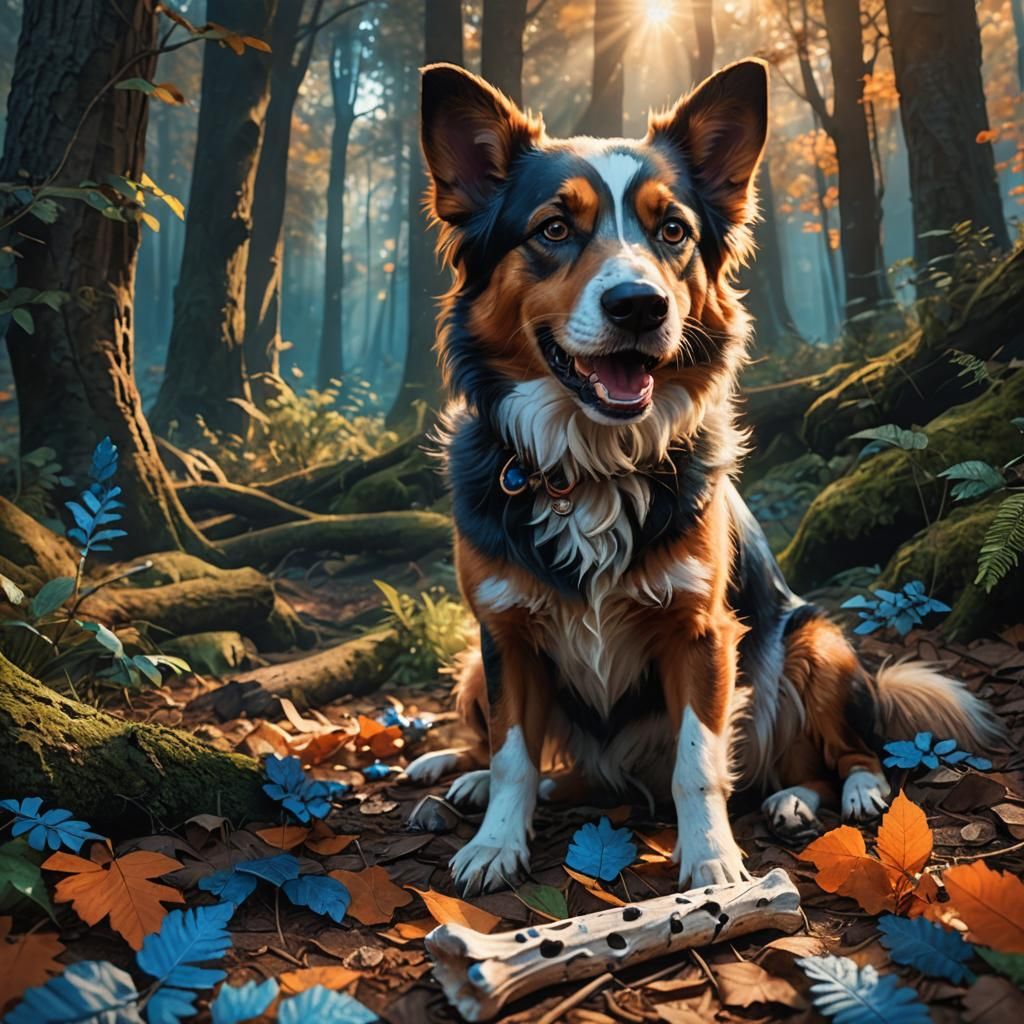 Dog in Mystical Forest: Detailed Matte Painting