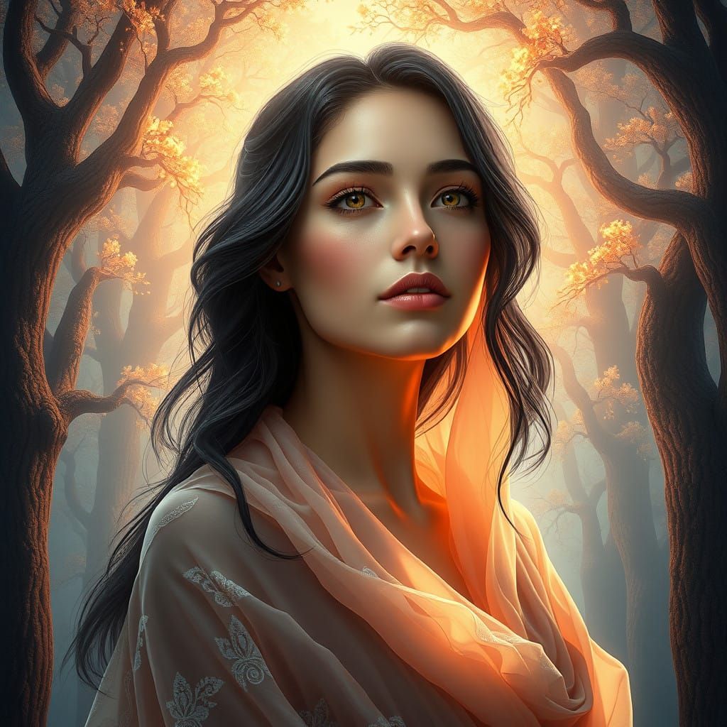 Celestial Goddess Amidst Ethereal Trees