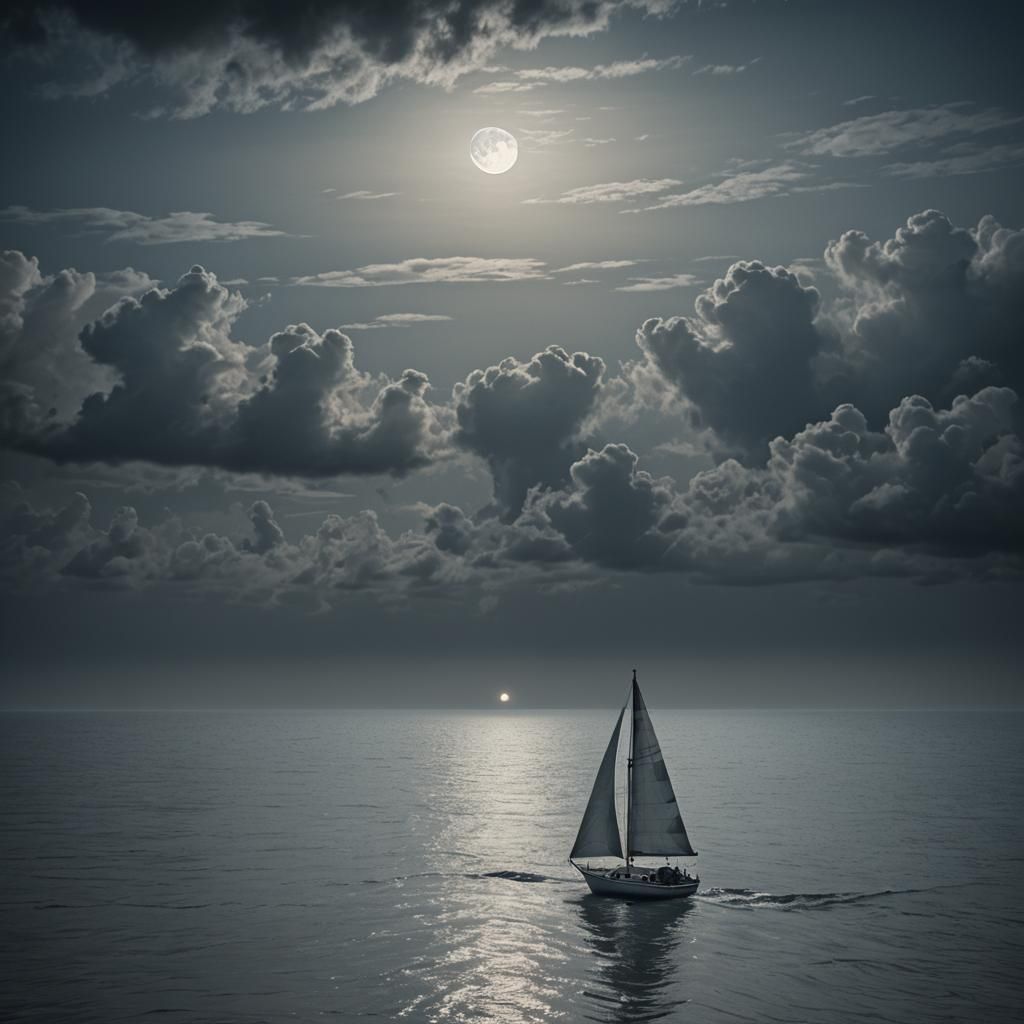 Surreal Sailboat on Dark Ocean in Dreamlike Style