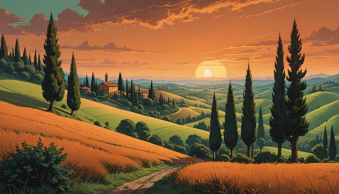 Tuscan Sunset Landscape in Cyberpunk Style