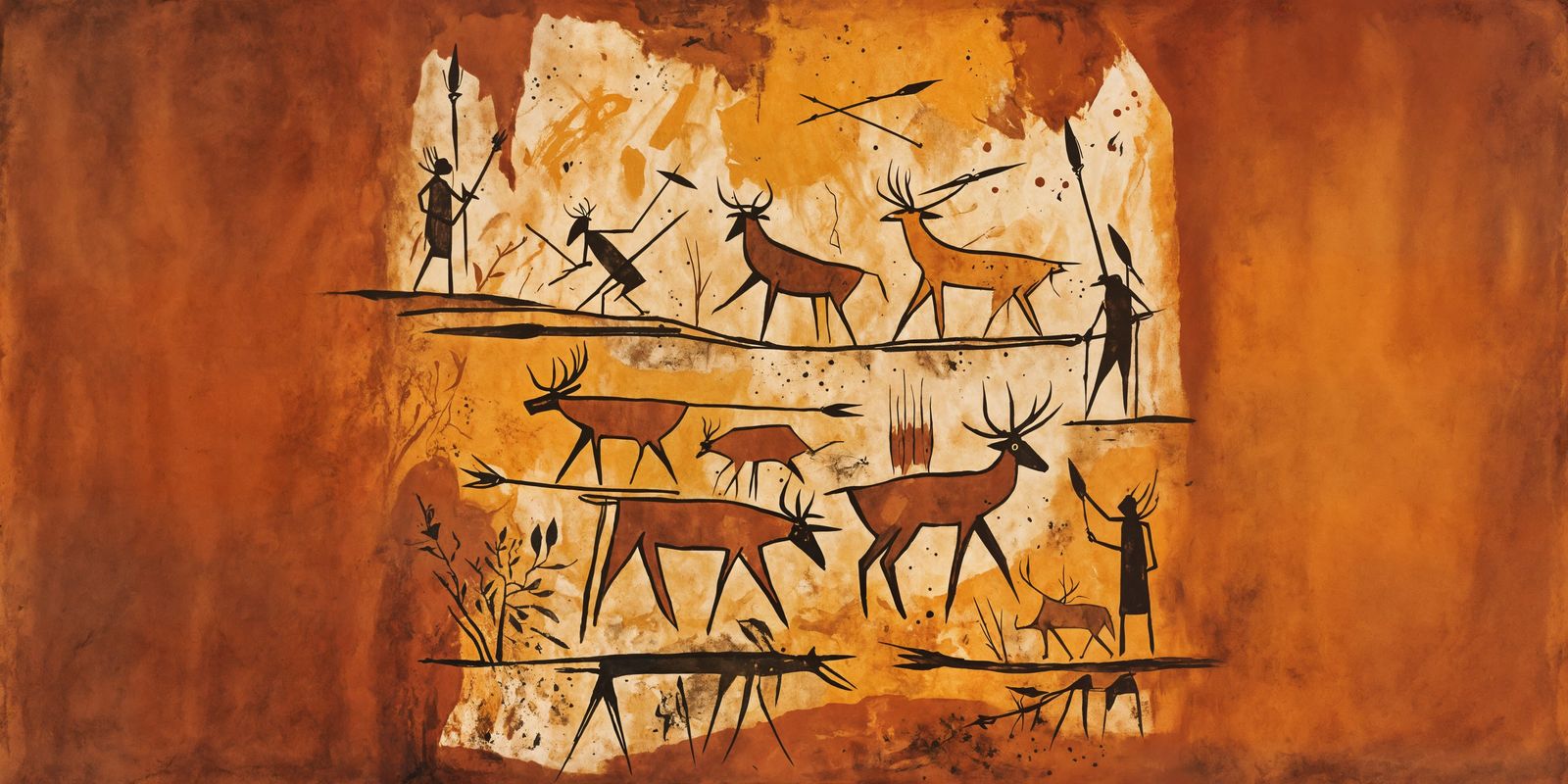 Prehistoric Cave Painting of Hunters in Simple Style