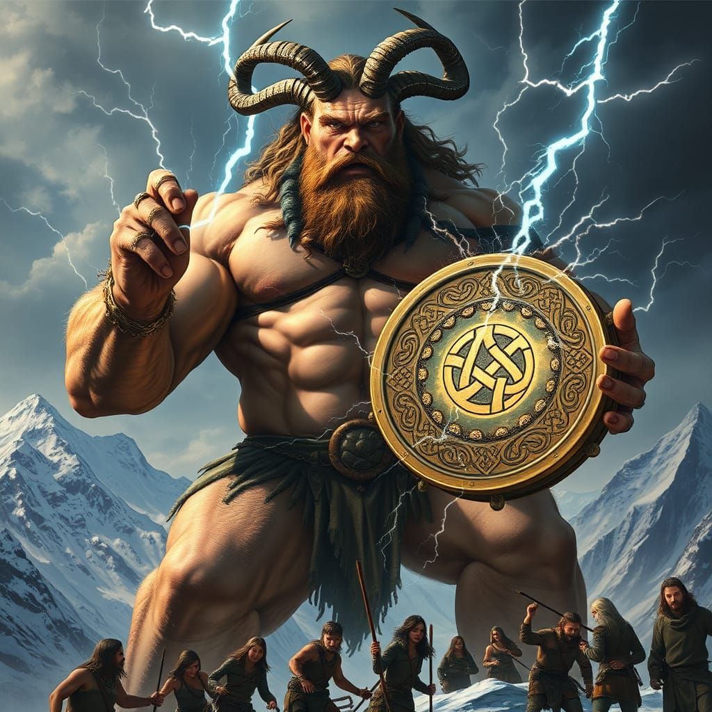 Colossal Celtic God Summons Lightning with Tambourine