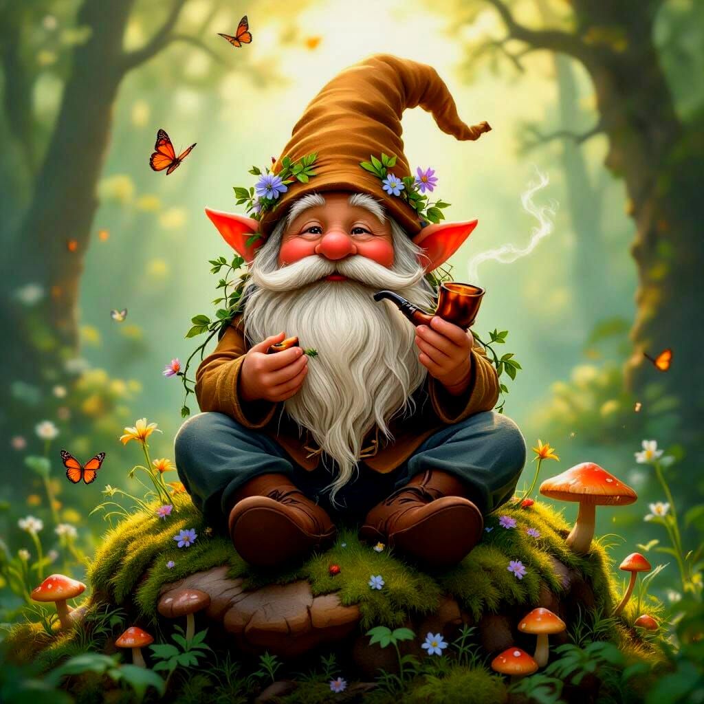 Gnome with Wildflower Beard in Forest Clearing