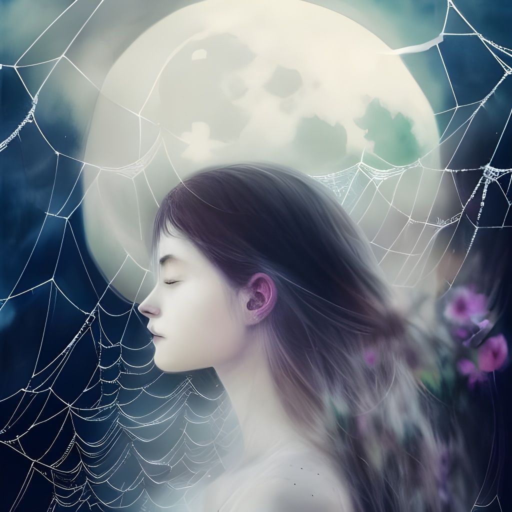 Girl with Spiderwebs, Moon, and Flowers in Watercolor