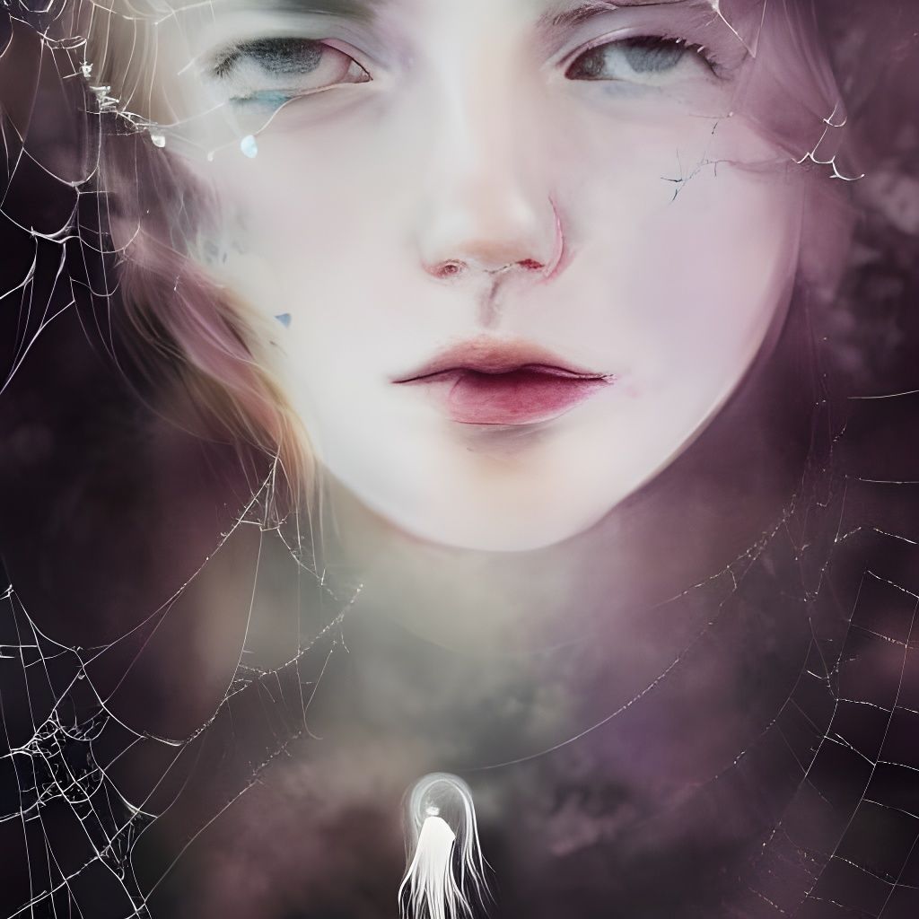 Girl in Moonlight with Spiderwebs and Flowers