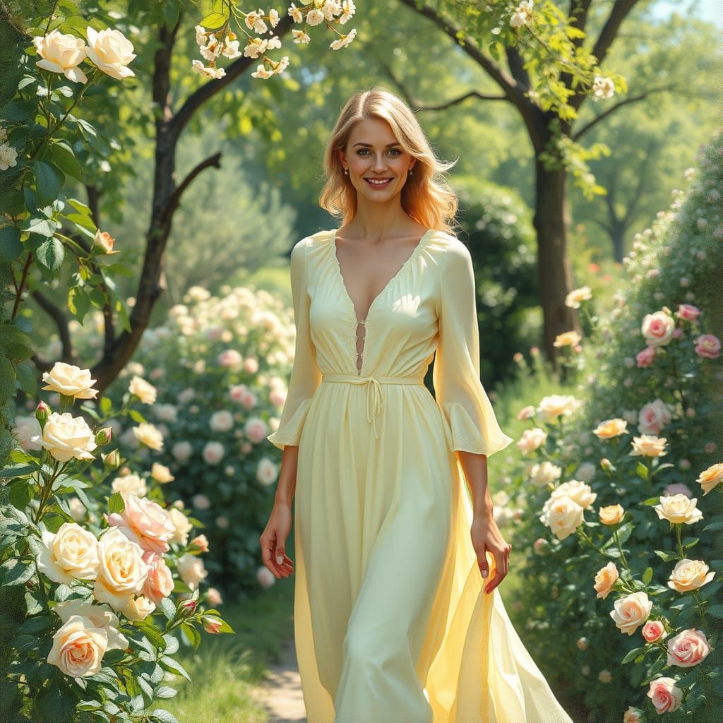Blonde Beauty Strolls Through Impressionist Garden