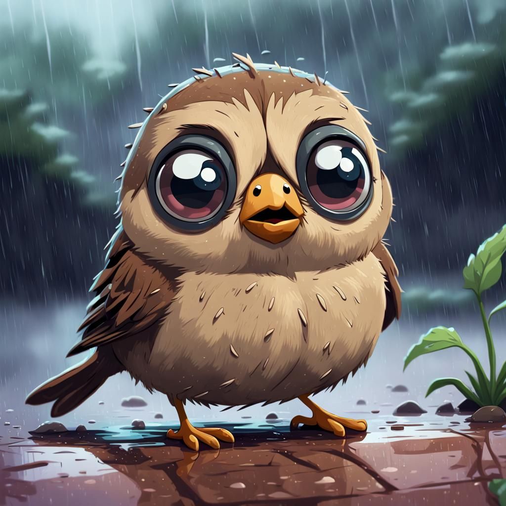 Sad Sparrow in Rainy Scene: Adventure Time Cartoon