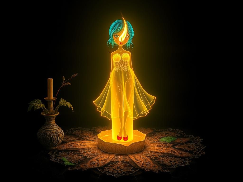 Anthropomorphic Candle Crying in Textile Art Style